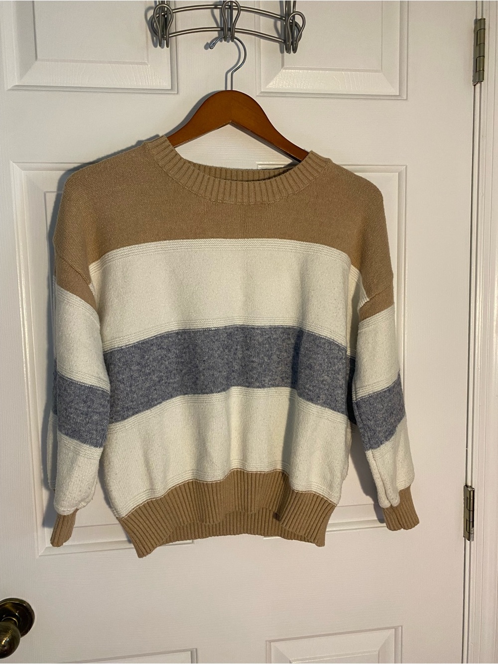 Pink Lily Women’s Striped Crewneck Sweater - Cream, Gray & Tan